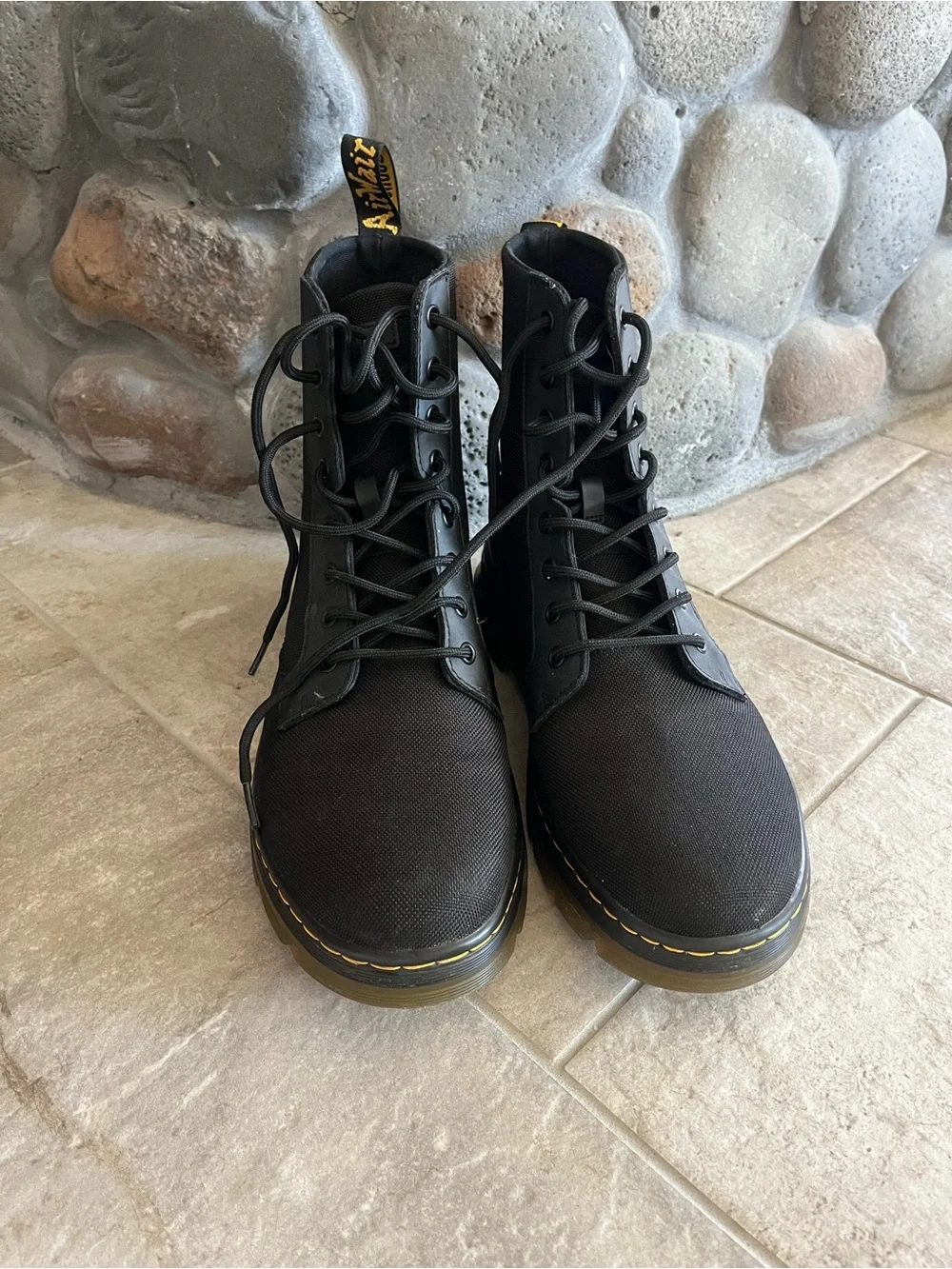 Dr. Martens Black Canvas & Rubber Lace-Up Combat Boot with Yellow Stitching